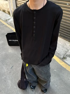 黑色亨利领长袖T恤男2026春秋季薄款打底衫宽松休闲半开襟上衣服