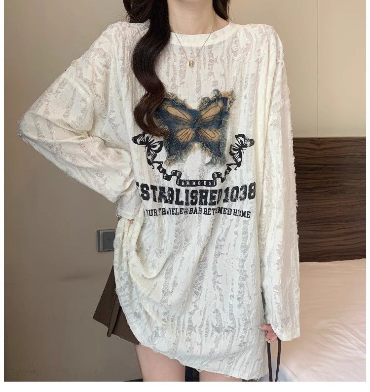 【自家工厂现货】蝴蝶长袖T恤女宽松慵懒废土风纯欲辣妹露肩上衣|undefined