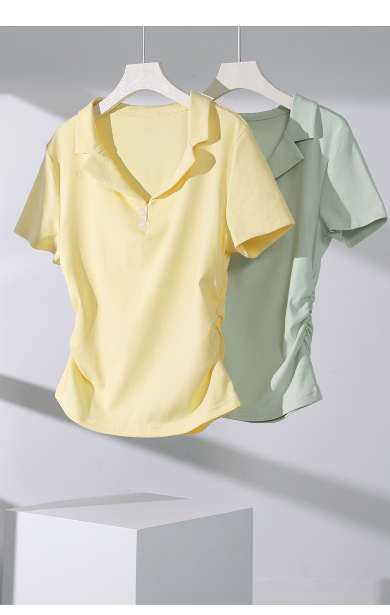 Cream Polo Collar Short Sleeve T-Shirt for Women