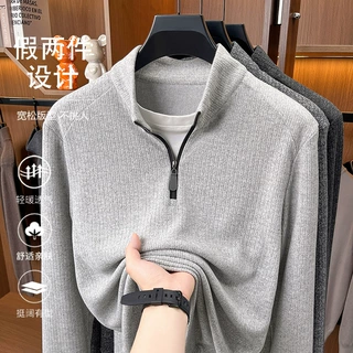 新款男士长袖t恤秋季爸爸装商务打底衫休闲竖条花纱半拉链卫衣