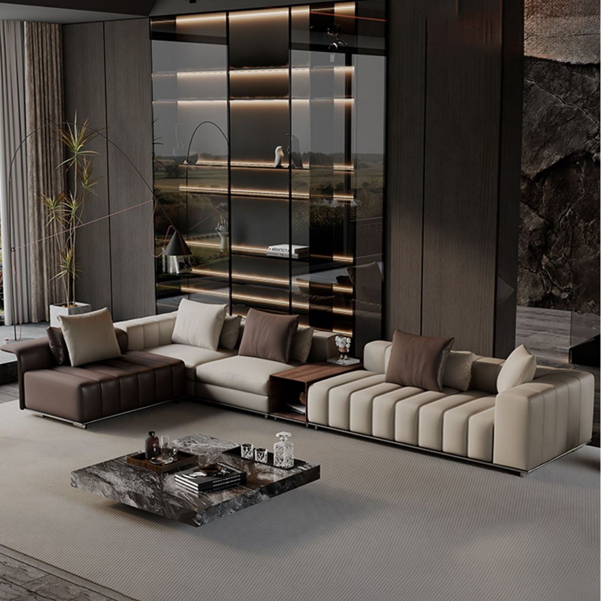 Italian Minimalist Piano Key Sofa Large Villa Living Room Luxury Corner Chaise Genuine Leather Thickened Sectional Sofa