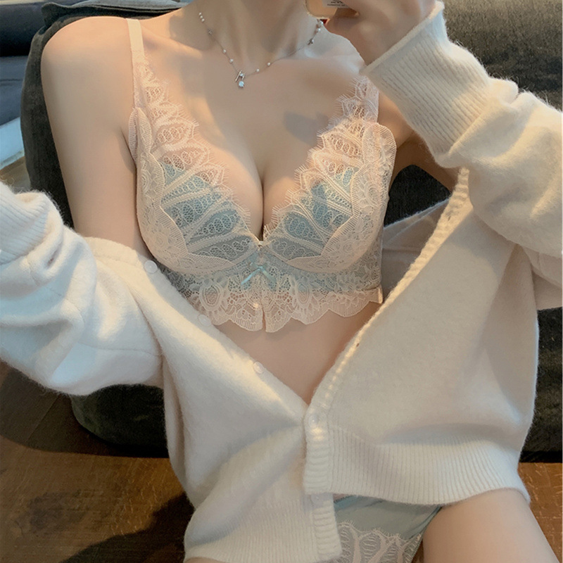 Sexy Lace Underwear Women's Small Chest Push-up Adjustable Large Non-rimmed Paramilis Summer Thin Bra suit