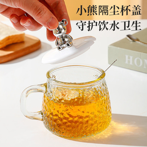Hammered bear glass coffee cup simple ins style women's water cup with handle and lid breakfast cup transparent tea cup