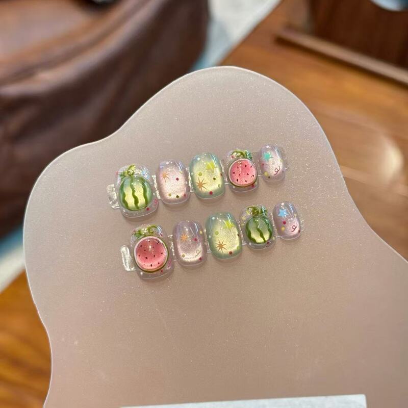 New Summer Hand-Painted Iced Small Watermelon Handmade Wearable Manicure Short Style Versatile Cute Childlike Pinch Detachable