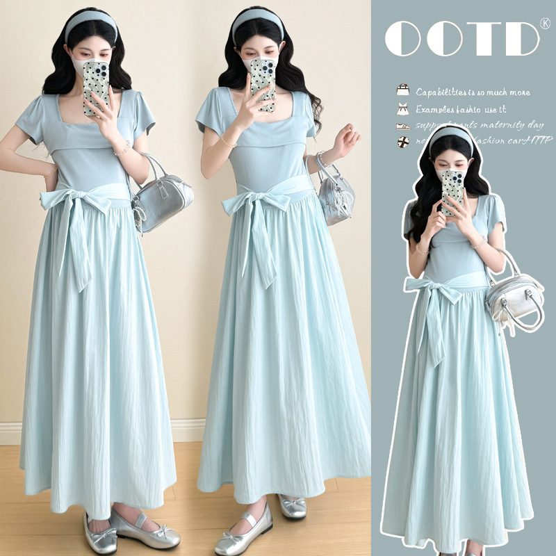 2026 Summer New Style Design and Elegant Maternity Dress Summer Maternity Long Dress Blue