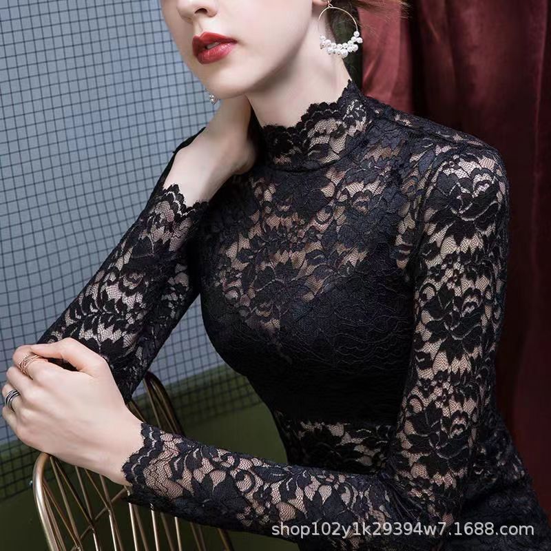 Half-high Collar Lace Base Shirt Autumn and Winter New Sexy Mesh Hollow Crocheted Western Style Top Slim-fit Long Sleeve