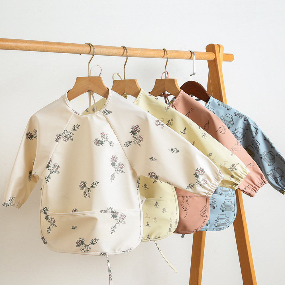 丹麦儿童长袖pu反穿衣宝宝吃饭衣围兜超软防水宝宝饭兜防脏喂饭衣