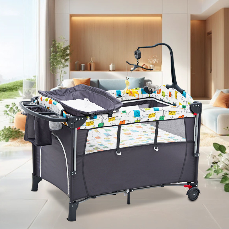 Cama de juego móvil portátil con colchón para bebés patio de recreo cama plegable soporte cama de empalme image 3