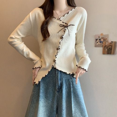 法式气质边V领长袖针织衫女2025秋季新款设计感修身显瘦上衣