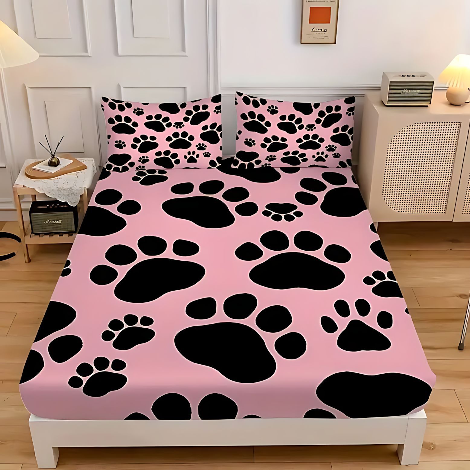 TEMU / JIT Cross-border cute puppy footprint pattern suave cama cómoda camisa colchón set de ropa de cama