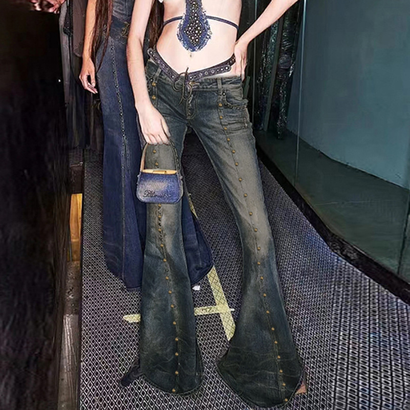Millennium Retro Niche Stylish Rivets Slim Fit Flared Pants Dark Rock European and American Floor-length Denim Pants