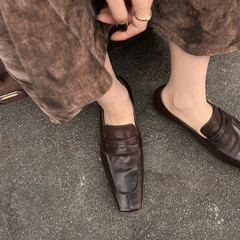 Women's square head small leather shoes with fetal leather, deep mouth single shoes, spring new style, full leather inside and outside, retro low-top low-heeled single shoes for women