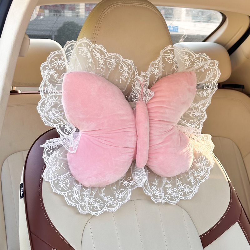 2026 New Car Accessories Plush Butterfly Headrest and Lumbar Support Pink Headrest and Lumbar Support