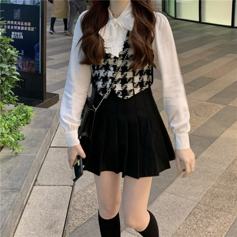 Xiaoxiang 千鳥格子ベスト女性の秋と冬の新しいレイヤードノースリーブカーディガントップショートスカートスーツ|undefined