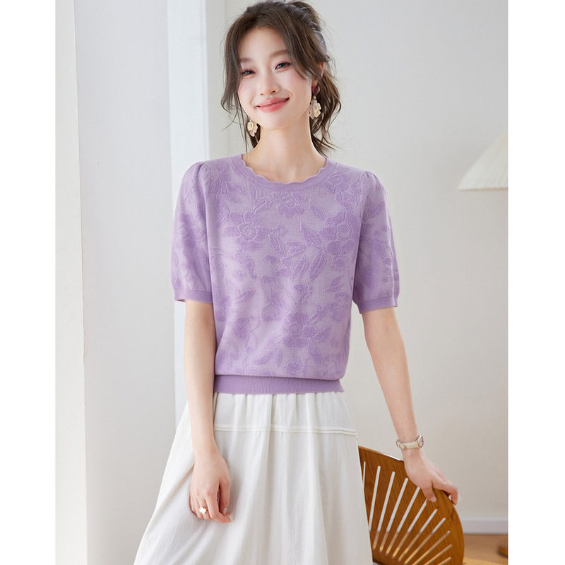 Round Neck Knitted Wool-Blend Short-Sleeved T-Shirt 2026 Summer New Style Pullover Versatile Top Women's Pullover Top Round Neck Knitted Wool-Blend Short-Sleeved T-Shirt 2026 Summer New Style Pullover Versatile Top Women's Pullover Top