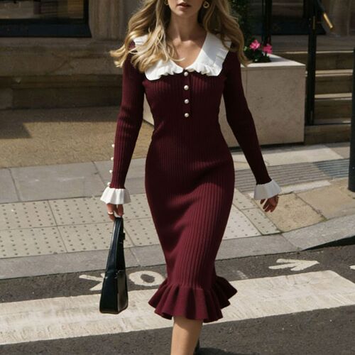 Ruffled-Edge Dress Knitted Skirt Autumn/Winter New Arrival Sweater Dress  Vintage Ladylike European & American Cross-Border French Style Dress for Women