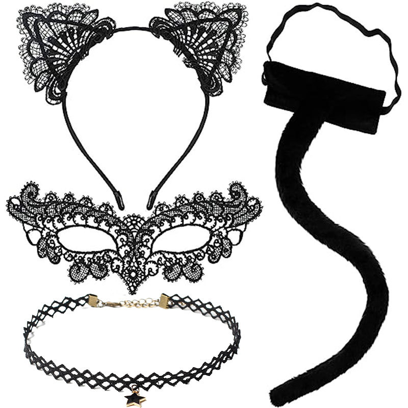 Disfraz de princesa gato para Halloween, diadema con orejas de gato, máscara de ojos de encaje negro, máscara facial.