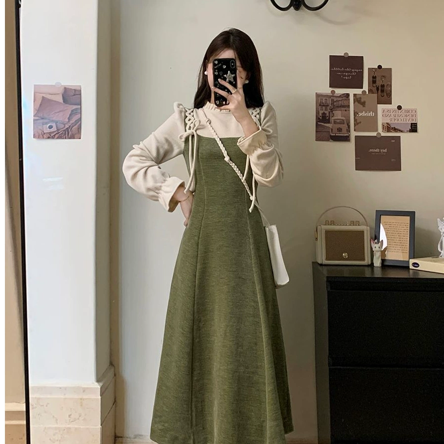 Французское ретро поддельное два зеленых платья дети весна осень 2025 новый темперамент длинное платье