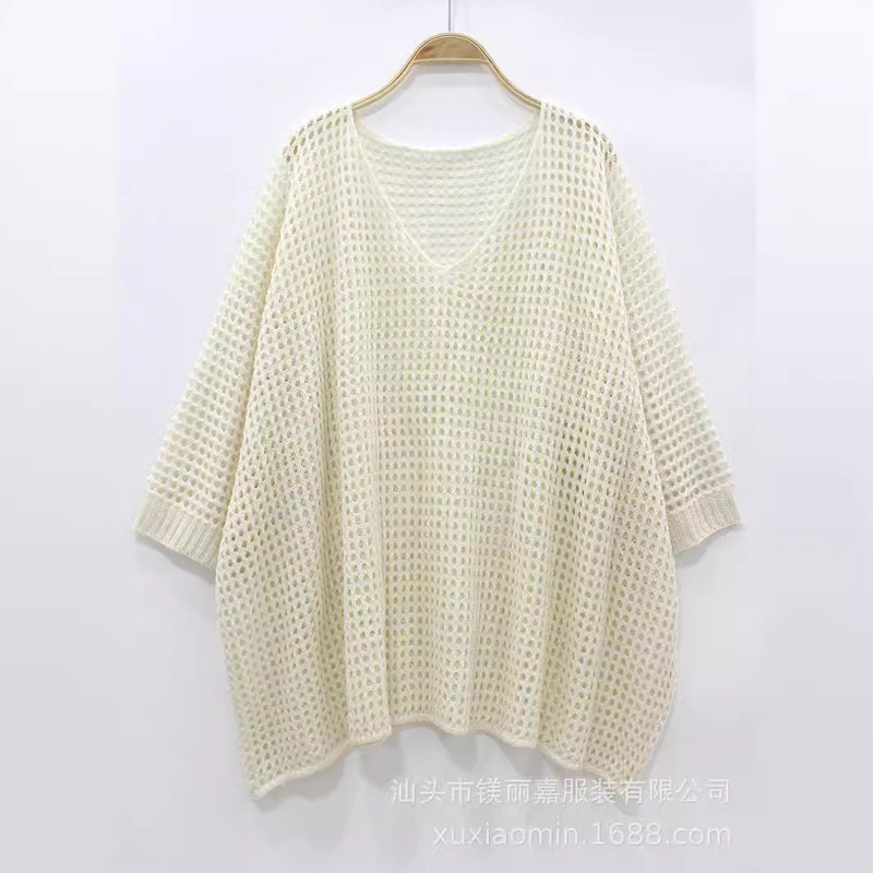 2026 Summer V-Neck Mesh Hollow-Out Knit Loose Outerwear Plus-Size Women's Top Versatile Pullover