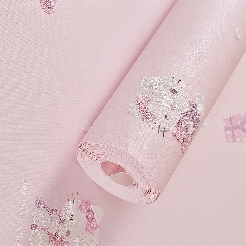 浅粉色3D浮雕卡通墙纸 男女孩房服装店 温馨简约KT猫儿童背景壁纸