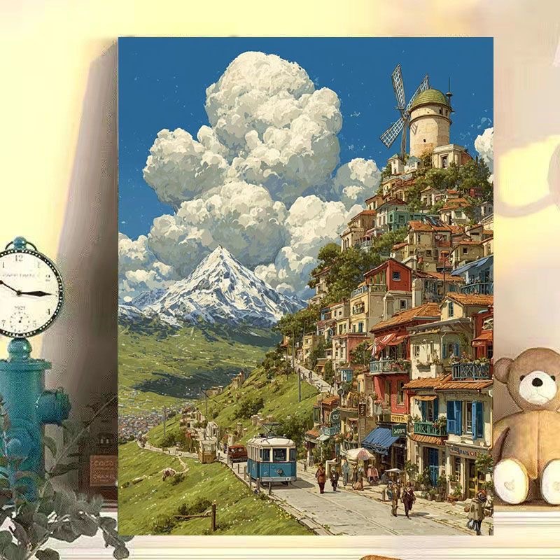 DIY Digital Oil Painting Miyazaki Hayao Style Town Series Hand-Filled Coloring Oil Painting Stress Relief Healing Decorative Wall Art