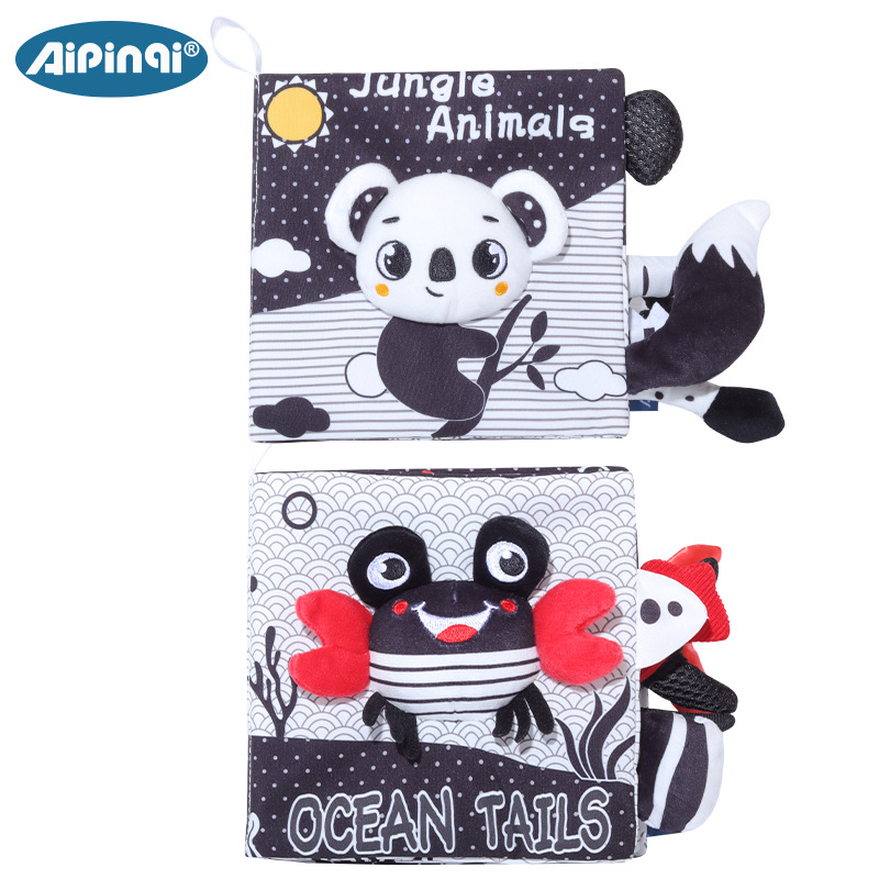 Nuevo libro de tela en blanco y negro con animales, libro emergente de educación temprana para bebés, libro de tela con cola para bebés, juguetes para bebés, venta al por mayor en stock