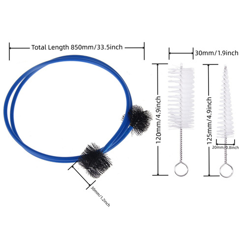 Trombone cleaning brush set, including a tenor trombone mouthpiece brush, suitable for tenor trombones, mouthpieces, and other wind instruments.
