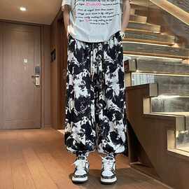 水墨画时尚裤子印花直筒拖地休闲裤设计感高街潮流男冰丝阔腿裤子