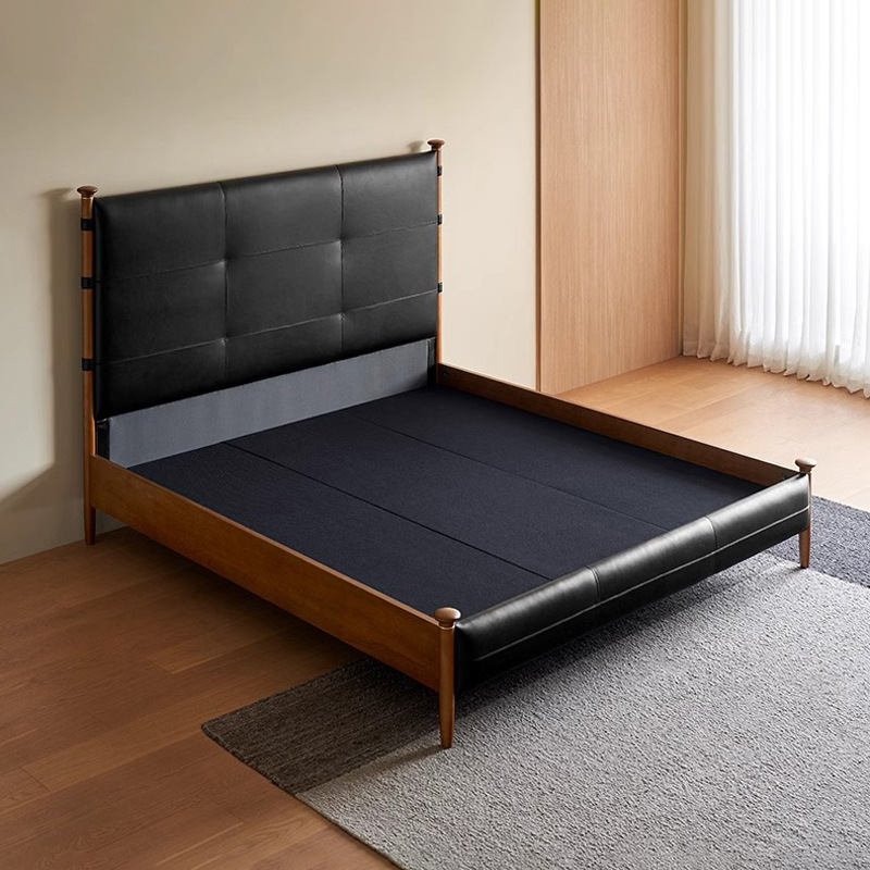 Cama de sicomoro cama de cuero cama principal retro francés primera capa de cuero de vaca madera maciza de lujo ligero cama doble de 1,8*2 m cama de madera maciza