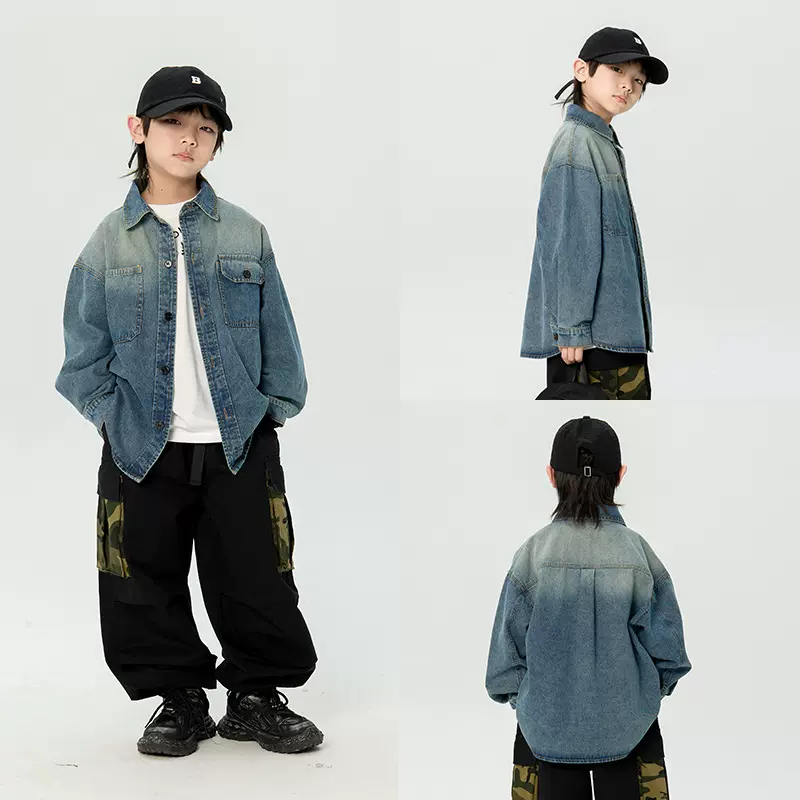 日系男童衬衫2025春季新款儿童休闲牛仔外套男宝宝时尚翻领上衣潮