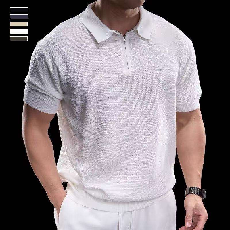 Camisa de polo de manga corta con textura de cremallera de alta calidad de verano, nueva camiseta de solapa de negocios de moda para hombres