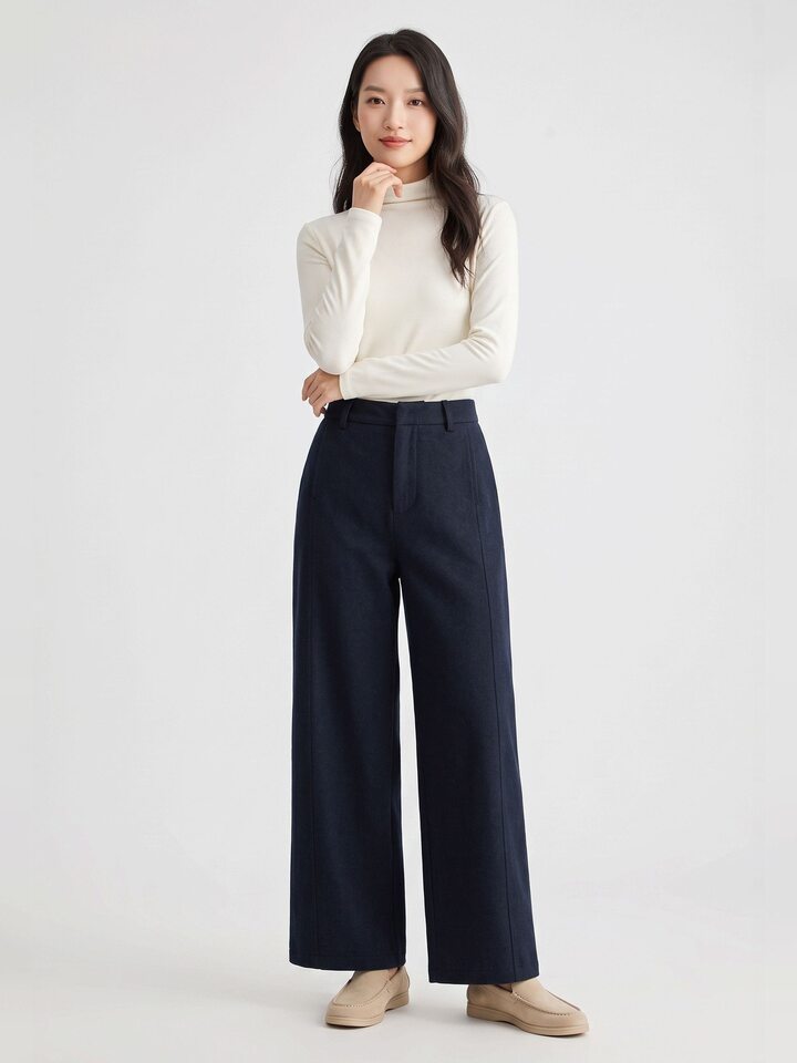 Quần ống rộng lưng cao dáng suông chất len cashmere phối len cừu — Xanh navy