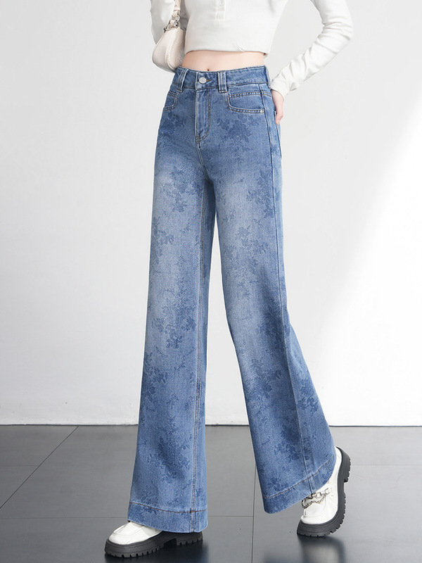 Women's Wide-Leg Jeans 2025 New Slimming and Height-Enhancing Loose Printed Denim Straight Pants Trendy