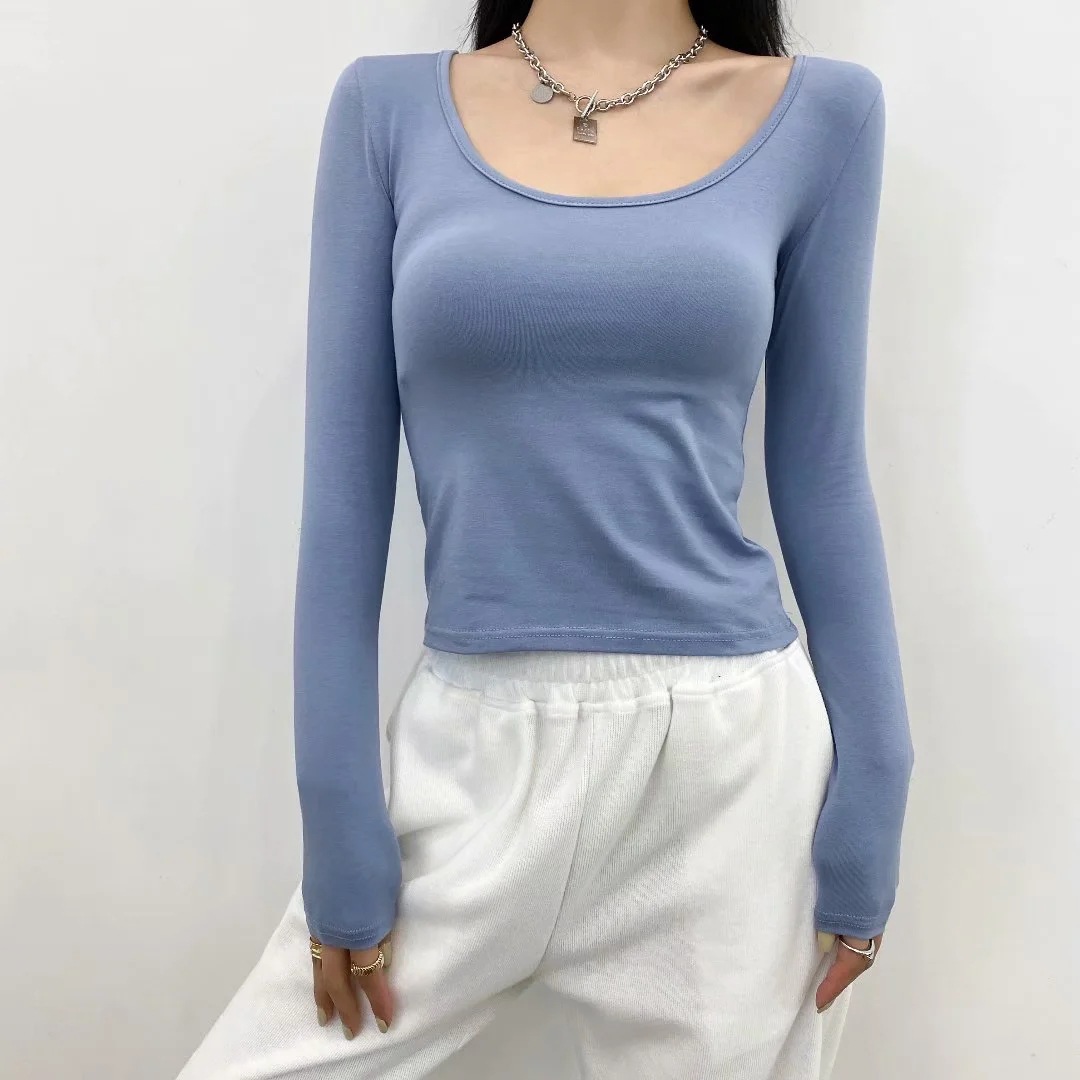 Autumn solid color U-neck long sleeve top NSAC46661