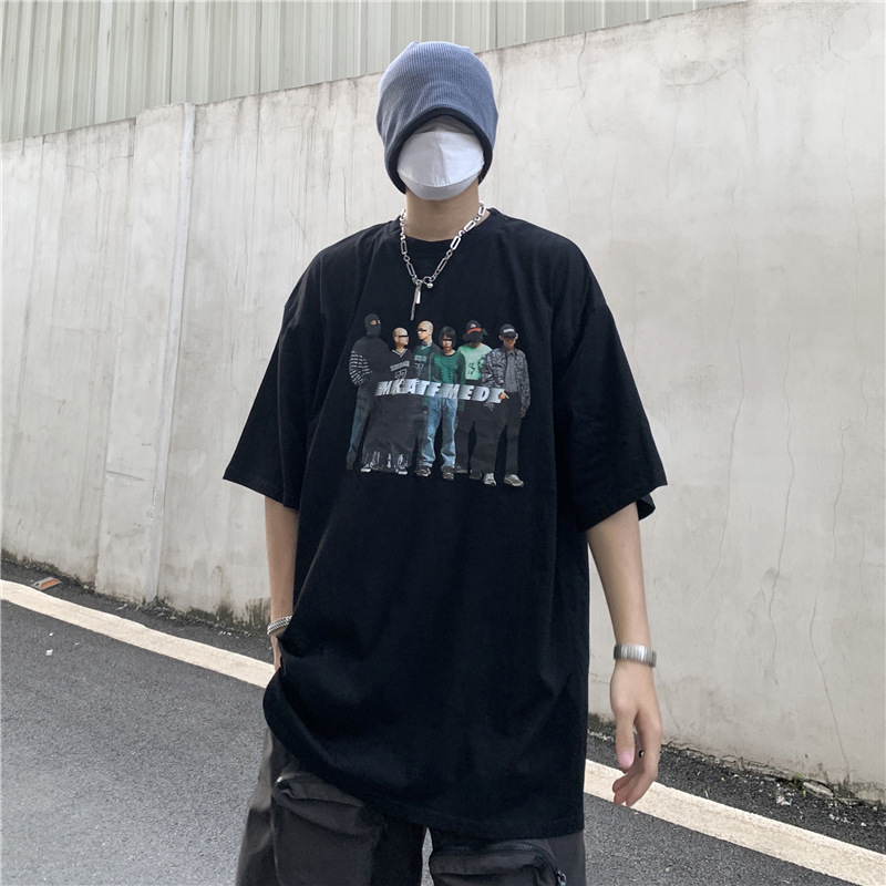 (涤纶)2021女装ins乐队短袖T恤人像宽松短袖男女同款上衣一件代发