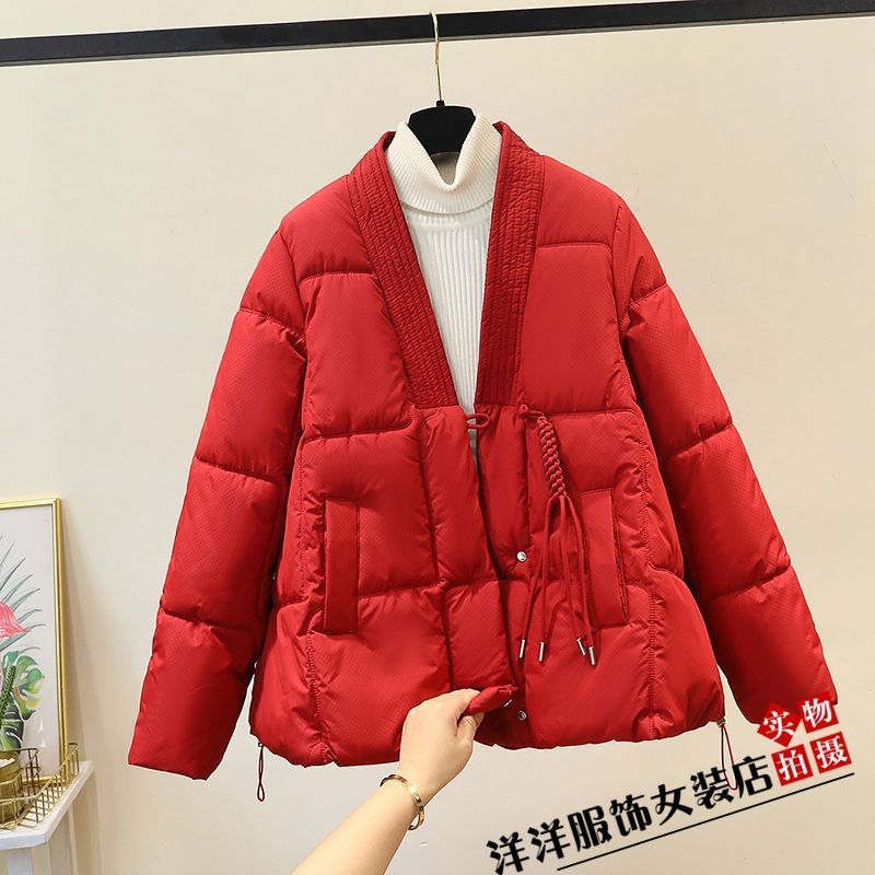 2025冬新中式国风V领设计感减龄棉袄大码宽松网红棉服羽绒棉衣女|undefined