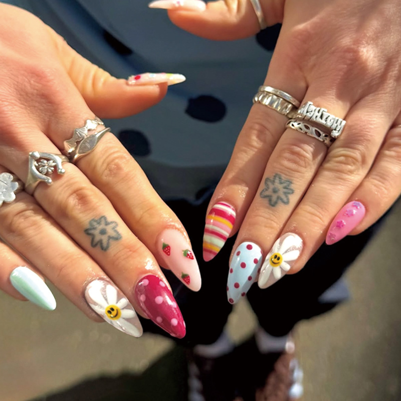 Cross-Border Popular Almond-Shaped Press-On Nails, Summer Sweet Pink Floral Smiley Face Small Dots Water Drop-Shaped Nail Art Nail Pieces Finished Product Cross-Border Popular Almond-Shaped Press-On Nails, Summer Sweet Pink Floral Smiley Face Small Dots Water Drop-Shaped Nail Art Nail Pieces Finished Product