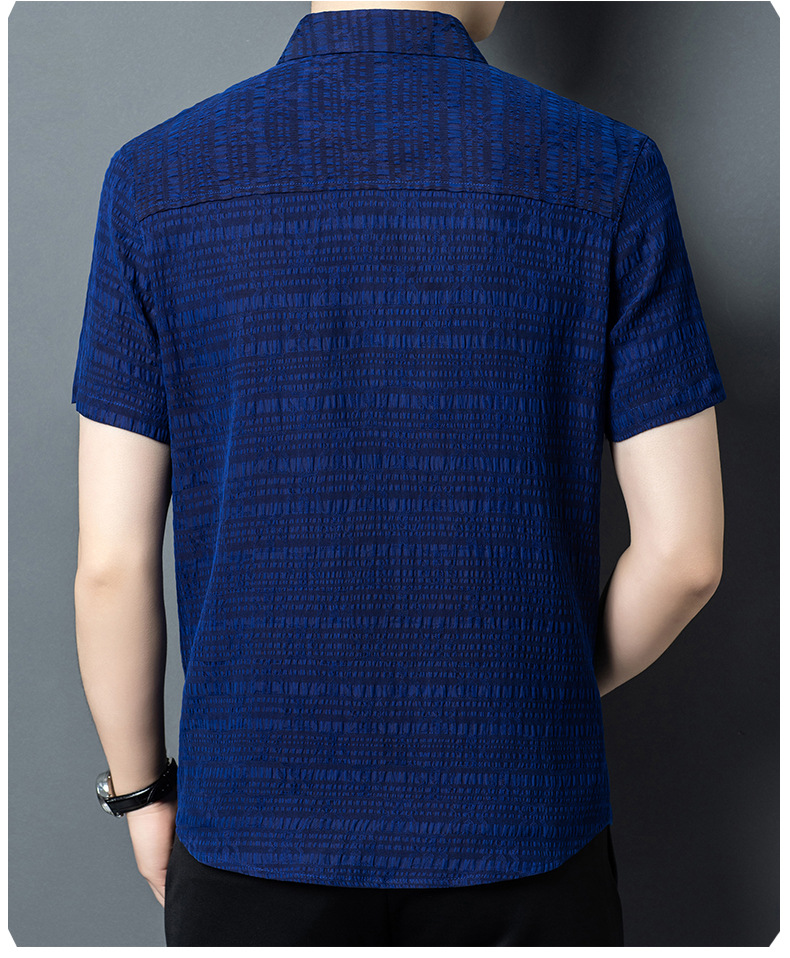 Áo sơ mi ngắn tay nam lụa tơ tằm 100% Mulberry Silk họa tiết jacquard Corinthian — Xanh da trời2635 chi tiết 12