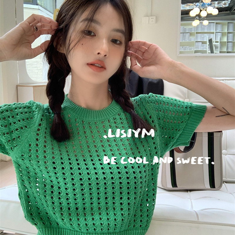 Hollow-Out Knitted Short-Sleeve T-Shirt for Women, 2026 Summer Jersey Style, Sweet and Spicy Girl Style, Watermelon Red Short Top for Petite Figures