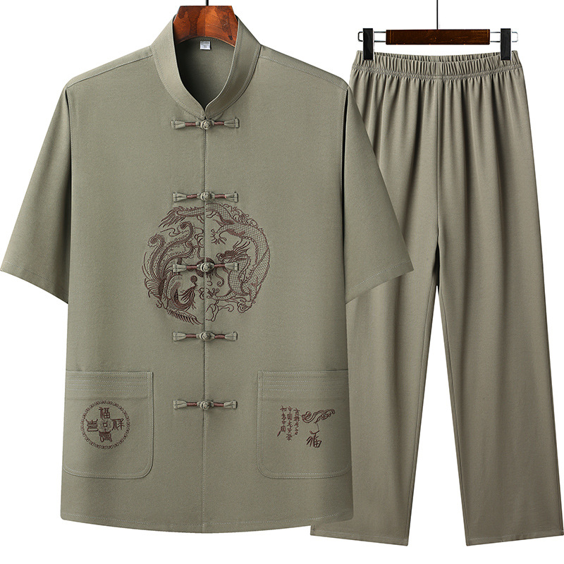 Summer Middle-aged and Elderly Short-sleeved Tang Suit Men's Ice Silk Summer suit Dad Chinese Men's Clothes Tai Chi suit