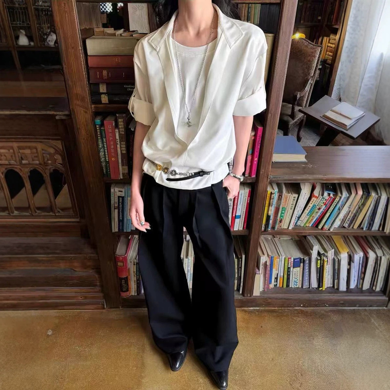 High-Quality Fine-Spun Wool Faux Two-Piece Deep V-Neck Patchwork Relaxed Fit Adjustable Three-Quarter Sleeve Shirt Short Sleeve Men's Shirt
