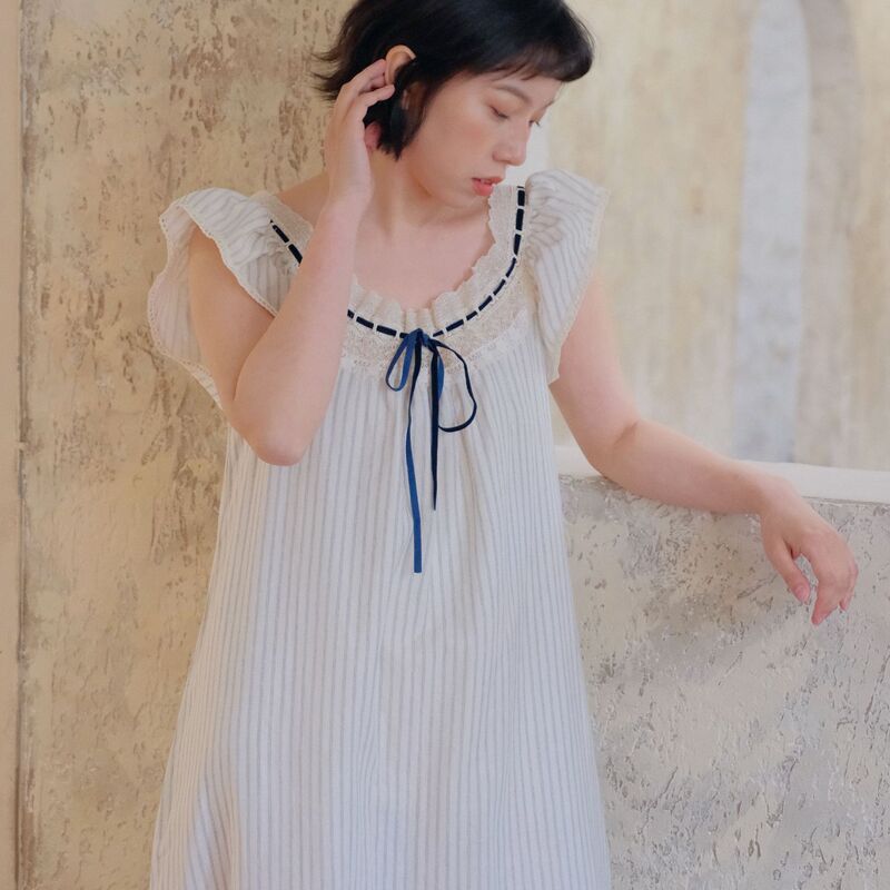 2025 Summer Korean Style Flying Sleeve Nightgown Cotton Loose Simple Striped Short Sleeve Casual Home Wear Outer Wearing Long Dress 2025 Summer Korean Style Flying Sleeve Nightgown Cotton Loose Simple Striped Short Sleeve Casual Home Wear Outer Wearing Long Dress