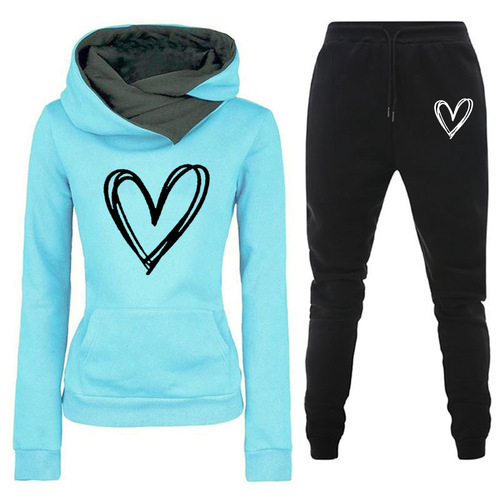 Cross-border new autumn and winter casual sports set heart rate print women's same style hooded sweatshirt set trendy