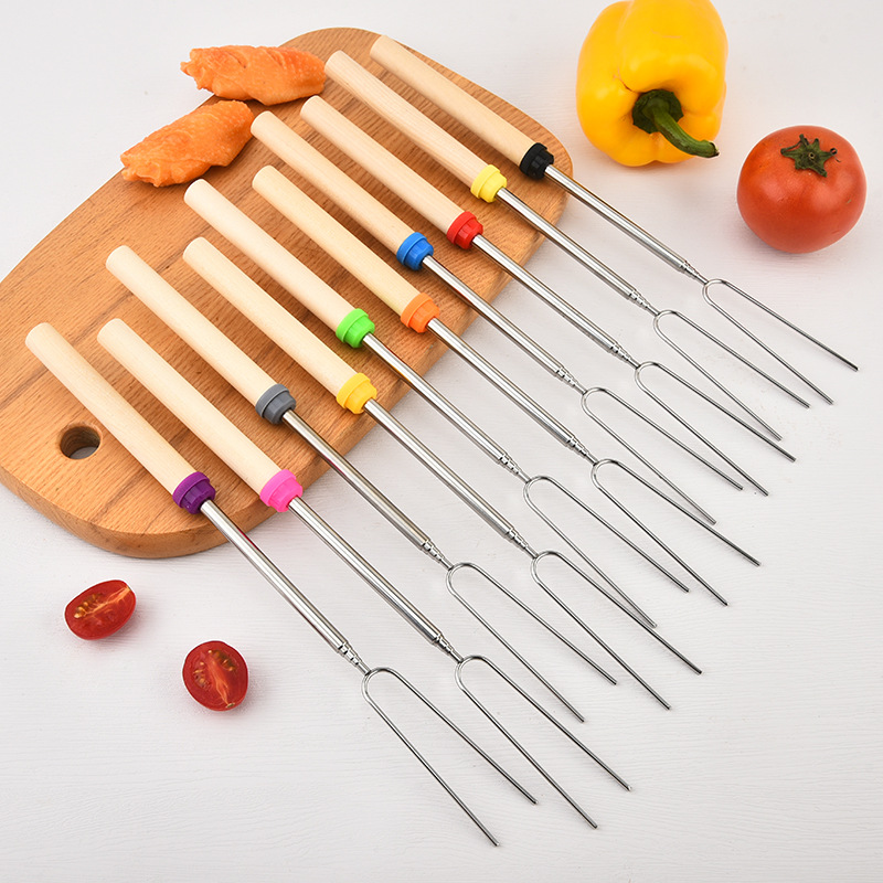 Outdoor BBQ, exclusively for cross-border sales: stainless steel, extendable Zibo barbecue forks, available in 10 colors, hot dog forks, extendable U-shaped wooden-handle barbecue forks