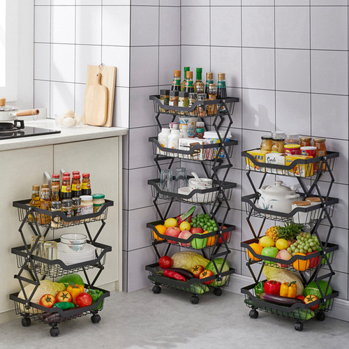 Kitchen rack floor-standing folding vegetable rack multi-layer sandwich vegetable and fruit basket household kitchen supplies storage rack