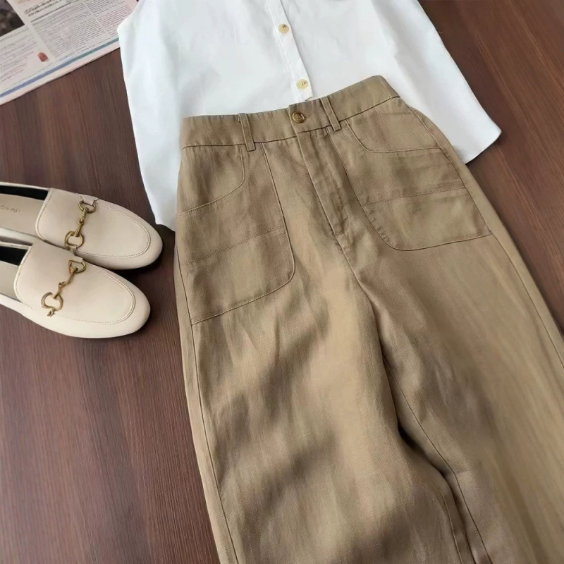 Old Money Style! Breathable and Comfortable! Khaki Tencel Linen Straight-Leg Pants for Women, Versatile Casual Pants, Thin Old Money Style! Breathable and Comfortable! Khaki Tencel Linen Straight-Leg Pants for Women, Versatile Casual Pants, Thin
