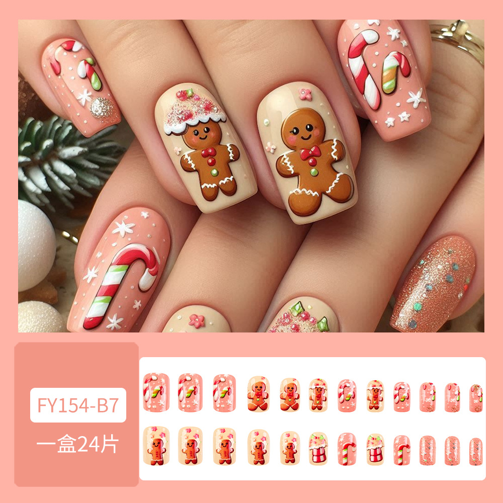 Comercio exterior Navidad en relieve de manicuras tridimensionales pan de jengibre muletas para usar uñas 24 piezas de parche de uñas dulces