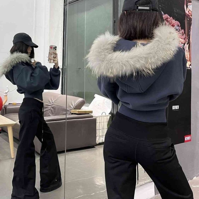 藏蓝毛领短款拉链连帽卫衣秋冬季设计感衣开衫外套女|undefined