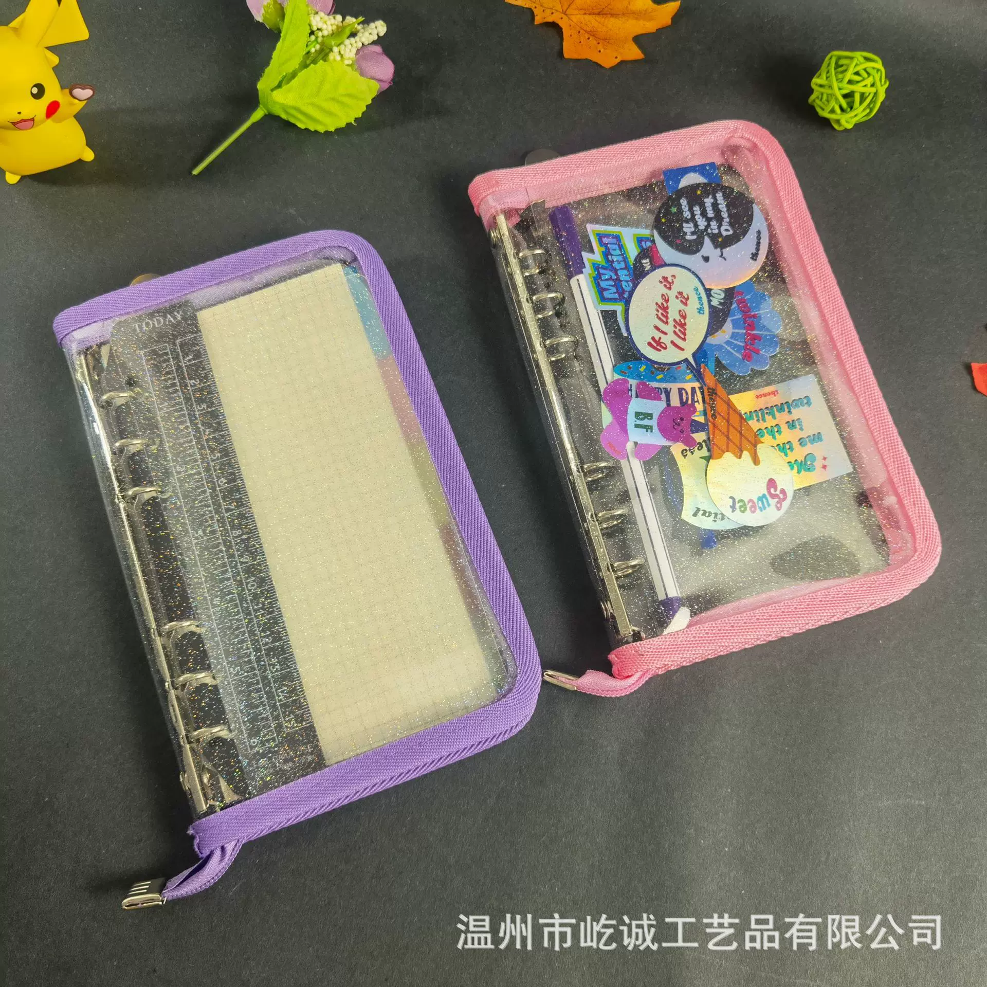 韩国Thence平替款透明黑色闪粉拉链6孔活页笔记本ins追星手账本