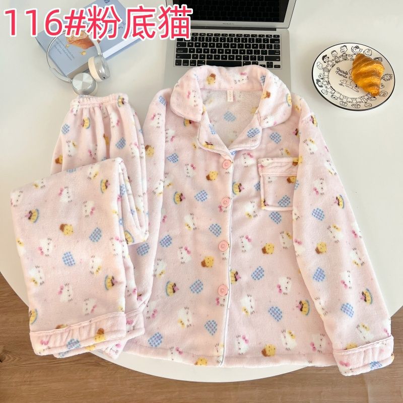 Otoño y invierno pijamas de coral de terciopelo engrosado conjunto de pijamas de dibujos animados ocio calentamiento de franela pantalones de mangas largas se pueden usar fuera